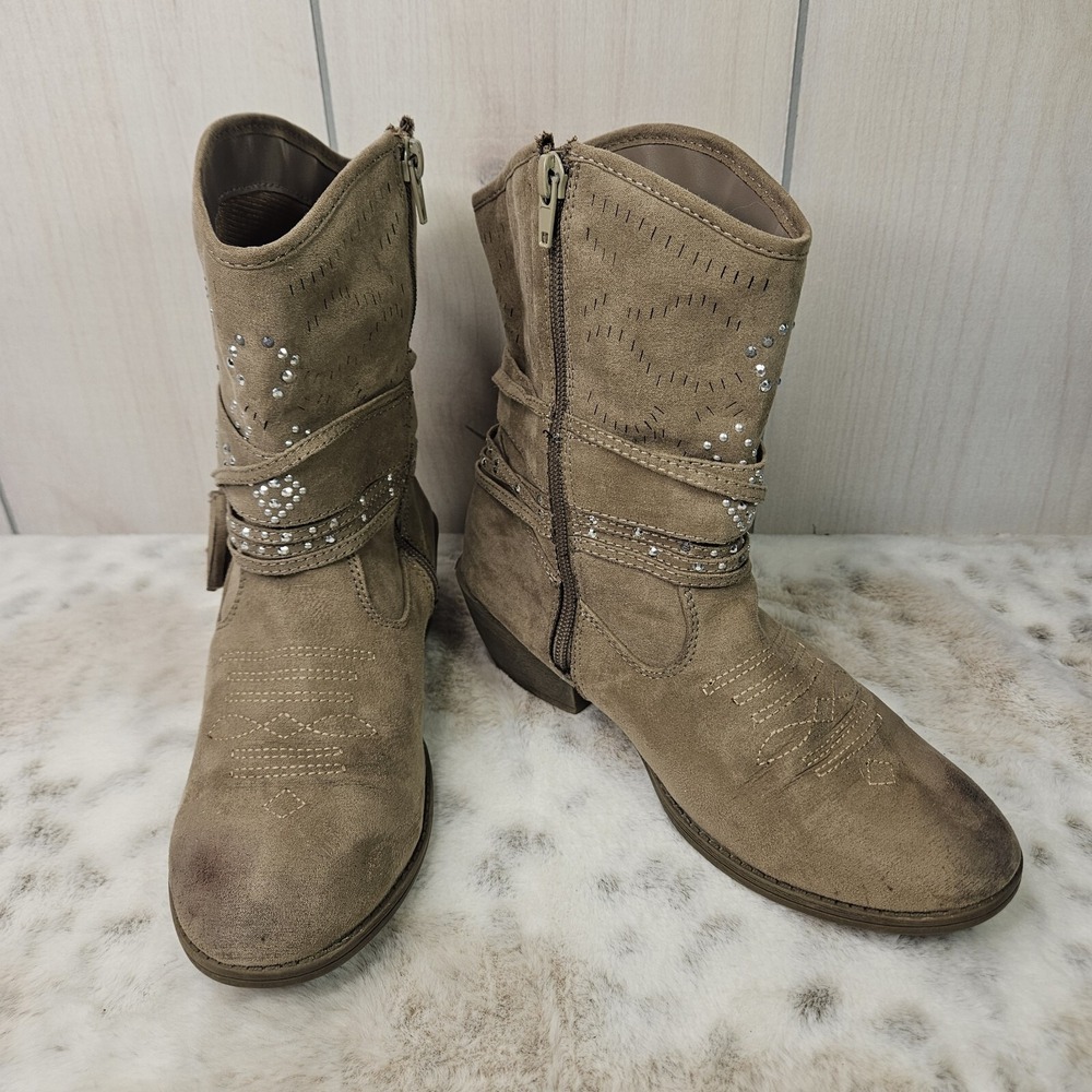 Justice Teen Girls Western Boots Size 8 Brown Tassels Bling Stitching Zip Close